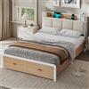 KIMENICH Letto 140 x 200 cm, Struttura Letto in Metallo, Stazione di Ricarica, 2 Cassetti, Vano Portaoggetti, Bianco + Rovere Sonoma
