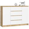 AKORD Cassettiera K 140 cm 4 Cassetti e 2 Ante | Moderna Mobiletto per Soggiorno Sala da Pranzo Camera da Letto Corridoio Bagno | Armadio Cameretta | Piano Laminato | Rovere Artisan | Bianco
