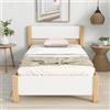 TIZZ Letto singolo, in legno, letto per ragazzi, letto per adulti, telaio in legno di pino con metatarso, con testiera e pediera in MDF, bianco e naturale (90 x 200 cm)