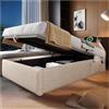 Wyibwy Letto singolo, 90x200 cm, con USB-C e tasche laterali, letto imbottito, letto contenitore idraulico, doghe in legno e senza testata e materasso, lino-cotone, beige