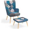 IDMarket - IVAR Poltrona scandinava con poggiapiedi in tessuto patchwork e velluto blu