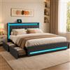BLSYHDH Letto Contenitore 180x200 con LED, Letto Imbottito con 4 Cassetti, Letto Imbottito con Porte di Ricarica USB e Type-C sul Comodino, Letto Matrimoniale Imbottito, Letto per 2 Persone, Letto per Adulti