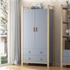 Gelukueub Armadio a 2 ante con asta appendiabiti, 2 cassetti, per camera da letto, soggiorno, guardaroba, in truciolato, corpo blu + cornice in pino, 90 x 45 x 180 cm