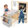 COSTWAY Set 3 in 1 Tavolo e Sedie per Bambini 3+ Anni (Grigio) | Tavolo in Legno con Lavagna Cancellabile, Magnetica, Cavalletto Regolabile, Libreria e Accessori Artistici, per Disegno