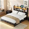 Julyue Letto Matrimoniale con Contenitore 140x200 cm, letto idraulico Imbottito con LED e USB, Letto Una Piazza e Mezza con Rete a doghe, testiera con ripostiglio