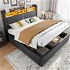 Ymkua Letto Imbottito Letto Matrimoniale 160x200 cm, Bed con LED Luce e USB-Port, Idraulica Struttura Bed frame con Contenitore Testata e Rete a Doghe in Legno, Lino, Grigio, Senza Materasso