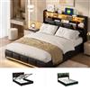 BSMGSGN Letto Matrimoniale con Contenitore 140x200 cm, Letto Imbottito in PU con Sistema di Sollevamento a Gas e LED, Testiera con Funzione di Stoccaggio, Senza Materasso (Nero-F, 140x200 cm)