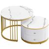 HAINEW Set di 2 tavolini rotondi con motivo marmorizzato in PVC e telaio in metallo, set da 2 tavolini, tavolino da caffè con 2 cassetti, per soggiorno, camera da letto (bianco + oro - 66 W)