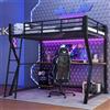 Huayz Letto a castello Letto singolo 90x200, Letto per bambini con letto a castello con luce LED e stazione di ricarica USB e scrivania e scaffale per console del computer, Letto in metallo singolo