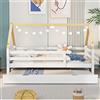 Merax Montessori, letto estraibile per bambini, letto a castello con ruote inferiori, in puro legno massiccio, colore naturale, bianco (90 x 200 e 90 x 190 cm)