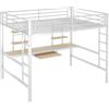 Azkoeesy Letto a soppalco matrimoniale con scrivania e 4 ripiani, con porta tastiera, per adulti, in metallo, bianco (140 x 200)