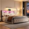 MGMYM Letto imbottito 180x200cm, con LED e USB, letto matrimoniale con e 4 cassetti, struttura in metallo e rete a doghe, struttura letto per adulti e adolescenti, velluto, Senza Materasso (Beige-a)