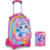 PRESTIGE & DELUXE Trolley Scuola Jack 3 Ruote staccabile Cat & Air Gattino, 3 in 1 per Scuola Elementare Bambina + Astuccio 3 zip con cancelleria + 7 penne cancellabili e portachiave pailettes