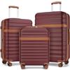 KONO Set Valigie da 3 Pezzi Valigia Bagaglio a Mano Trolley Valige ABS+PC Valigia 55cm + Valigia 65cm + Valigia 75cm con 4 Ruote e TSA Lucchetto, Bordeaux/Marrone