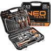 NEO TOOLS 143 attrezzi in acciaio CRV per lavori meccanici, elettrici, sanitari e casalinghi, valigetta solida con morsetti metallici