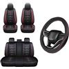 Car Passion Set Coprisedili Anteriori e Posteriori con Poggiatesta + Coprivolante Auto Universale in Ecopelle Sportiva Rosso/Nero - Compatibile con Volanti 37-38 cm - Facile da Installare