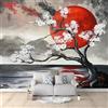 Generic Carta Da Parati 3d Fotomurale Stile Giapponese Fiori Di Ciliegio Sole Rosso Grigio Murali Per Soggiorno Divano Tv Hotel A Tema Corridoio Di Lusso Sfondo Dipinto Murale 250x175 cm