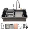 Generico Cascata Lavello Cucina Acciaio Inox Set, Lavandino Cucina Multifunzione, Rubinetto A Cascata A Led, Lavello A Cascata Digitale Con Lavatazze, Dispenser Di Sapone(Black-Grey#1,80x45cm)