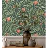 GAULAN 682886 - Carta da parati con frutti corallo e foglie verdi su sfondo verde scuro per pareti soggiorno cucina camera da letto corridoio sala da - Rotolo di 10 m x 0,53 m