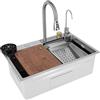 ROGONPDK Lavello da cucina in acciaio inox con vasca singola, in acciaio inox, set di lavello con cascata, rubinetti, tagliere, lavatrici per tazze, argento, 75 x 35 x 21 cm