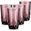 Joeyan 330ml Bicchieri da Acqua in Vetro Colorati, Set di 4 Viola Tumbler alto con Rilievo, Design Vintage, Per Acqua Gassata,Aperitivo,Succo di Frutta e Bibite, Lavabile in Lavastoviglie