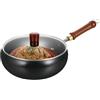 Generic Wok cinese in ghisa fatto a mano, diametro 28 cm, padella antiaderente in ferro forgiato a mano, padella con coperchio e manico in legno, wok in ferro senza rivestimento, metodo tradizionale per stufe