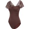 Lanbodance Body da donna a maniche corte per danza classica, costume da ballerina per adulti, Pizzo Marrone, Small