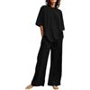 Generic Pigiama a Due Pezzi da Donna Set Pigiama in Cotone e Lino da Notte, Completo da Notte a Maniche Corte, Top e Pantaloni a Gamba Larga-Nero-XL