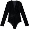 efvandoloe Body da donna in velluto a maniche lunghe con nodo con scollo a V top tute elastiche slim, nero, Medium