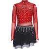 Sxiwei Donna Manica Lunga Vestiti Pattinaggio Artistico Su Ghiaccio Glitter Strass Abiti Danza Balletto Abiti Ginnastica Body Con Gonna Irregolare Abbigliamento Gara Borgogna M