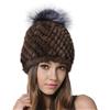 KAISHIN Cappelli con Pompon in Pelliccia di Visone a Righe Invernali da Donna Cappellini in Vera Pelliccia di Volpe Argentata (Marrone)