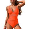 Fanuerg Costume da bagno intero da donna sexy con scollo a V in rete controllo pancia costumi da bagno Tie Back Push Up costume da bagno, Arancione, S