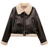 Generic Cappotto da donna caldo in finto shearling vintage manica lunga cintura orlo esterno, Marrone, S