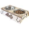 Generico Porta Ciotole per Cani e Gatti in Legno Personalizzabile con Nome, Supporto Rialzato per Due Ciotole, Design con Ossa e Zampe, 27x20x10 cm, Diametro Ciotole 13 cm