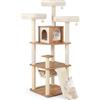 GYMAX Albero per Gatti Alta 168 cm, Torre Multilivello con Piattaforma, Amaca, Pannello Graffiato e Tiragraffi in Sisal, Palline Sospese, Naturale