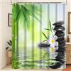 Xiaoterna Tenda da doccia Spa Primavera Zen Meditazione Giardino Muffa Resistente Tenda da bagno Verde Foglie di bambù Nero Pietra Tenda da doccia lavabile all'acqua Orchidea bianca 180x200cm