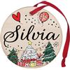 Corredino Neonato Pallina di Natale Personalizzata con Nome Silvia, cerchetto piatto per Decorazione Natalizia con Nastro Rosso - made in Italy - Addobbo Albero diametro 8 cm in Legno, nome Silvia