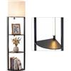 COSTWAY Lampada da Terra Angolare con Mensole, Scaffale a 3 Ripiani con Luci LED Dimmerabili, Paralume in Lino e Interruttore a Pedale, Piantana da Terra per Camera da Letto, Salotto e Studio