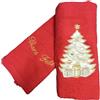 RICAMI FIORENTINI BALDI Idea Regalo Natale. Set 2 Asciugamani Viso + ospite, Spugna di Cotone 100% con Ricamo Natale. Made in Italy (Albero-rosso)