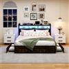 BRILVERDE Letto Matrimoniale 180x200 cm con Contenitore e Illuminazione a LED, Testiera Imbottita, Rete a Doghe in Metallo, Nero, Letto Moderno con Stoccaggio per Camera da Lett