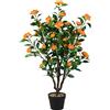 COSTWAY Pianta Finta da Interno da 102 cm, Albero di Camelia Artificiale con 37 Fiori Gialli, Vaso e Ciottoli di Pioggia, Pianta Finta per Soggiorno, Ufficio e Negozio