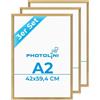 PHOTOLINI Cornici A2 42x59,4 cm oro legno MDF, set di 3 cornici per poster, plexiglass infrangibile, da parete, accessori extra inclusi - per foto, immagini e poster