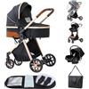 ALYIKOU passeggino neonati 3 in 1,passeggino portatile con neonato di lusso con ad alta vista Carrozzina reversibile fronte mamma e strada, 25KG,Nero