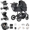 Kakbgee Passeggino Combinato 3 in 1, Passeggino per Bambini con ECE R129 Seggiolino Auto, Telaio in Alluminio ad alto Campo visivo Passeggino (22KG, 0-4 Anni), Grigio Scuro