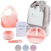 BebeDeParis Regalo ecologico personalizzato per bambini | stoviglie in silicone e bavaglino ricamato con nome + biologico | fatto a mano in Spagna (Rosa | Set di Piatti + Coperta) | BebeDeParis