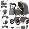 Shineey Passeggino trio,Carrellino per Bebè città 22kg con sedili,Passeggino pieghevole con vista alta,Buggy combinato pneumatici in gomma e vagone per bebè in alluminio (U9-X/DARK GREY, U9-X)