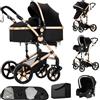 Dziranam Passeggino 3in1 Reversibile Convertibile con Culla, Cornice Triangolare | Colore nero e oro, sospensione a doppia molla, pieghevole con un clic per neonati e bambini