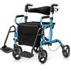 HOMASIS 2 in 1 Deambulatore e Rollator Pieghevole con Seduta, Ausilio alla Deambulazione Regolabile in Altezza a 6 Livelli, Fino a 160 kg, Carrozzina con Porta Bastone, Borsa e Freno (Blu)