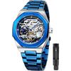 FORSINING Orologio vintage da uomo, con incisione, automatico, a carica automatica, con grande quadrante luminoso con fasi lunari dorate, motivo tatuaggio cavo, meccanico, orologio da polso, Blu 2