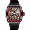 FORSINING Tonneau - Orologio meccanico automatico da uomo, design scheletrato, quadrante grande, cinturino in silicone, Nero, Cinturino